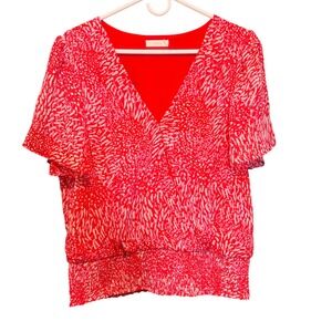 Lush Red Pink Print V Neck Short Sleeve Blouse Smocked Waist Top Women's Size XL